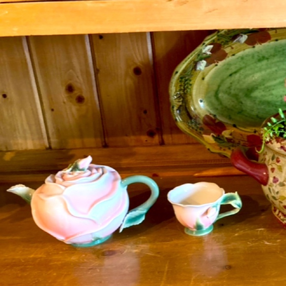 Pier 1 Handpainted Porcelain Rose Teapot + Teacup